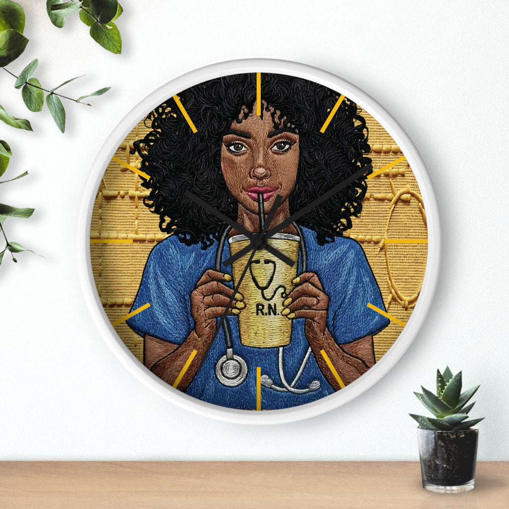 RN Coffee Nurse Wall Clock — Black Nurse Gift for Registered Nurses