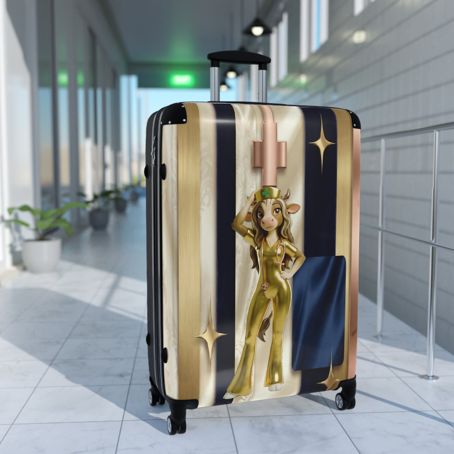 Retro Glam Cow Travel Suitcase — Cute Golden Cow Girl Luggage