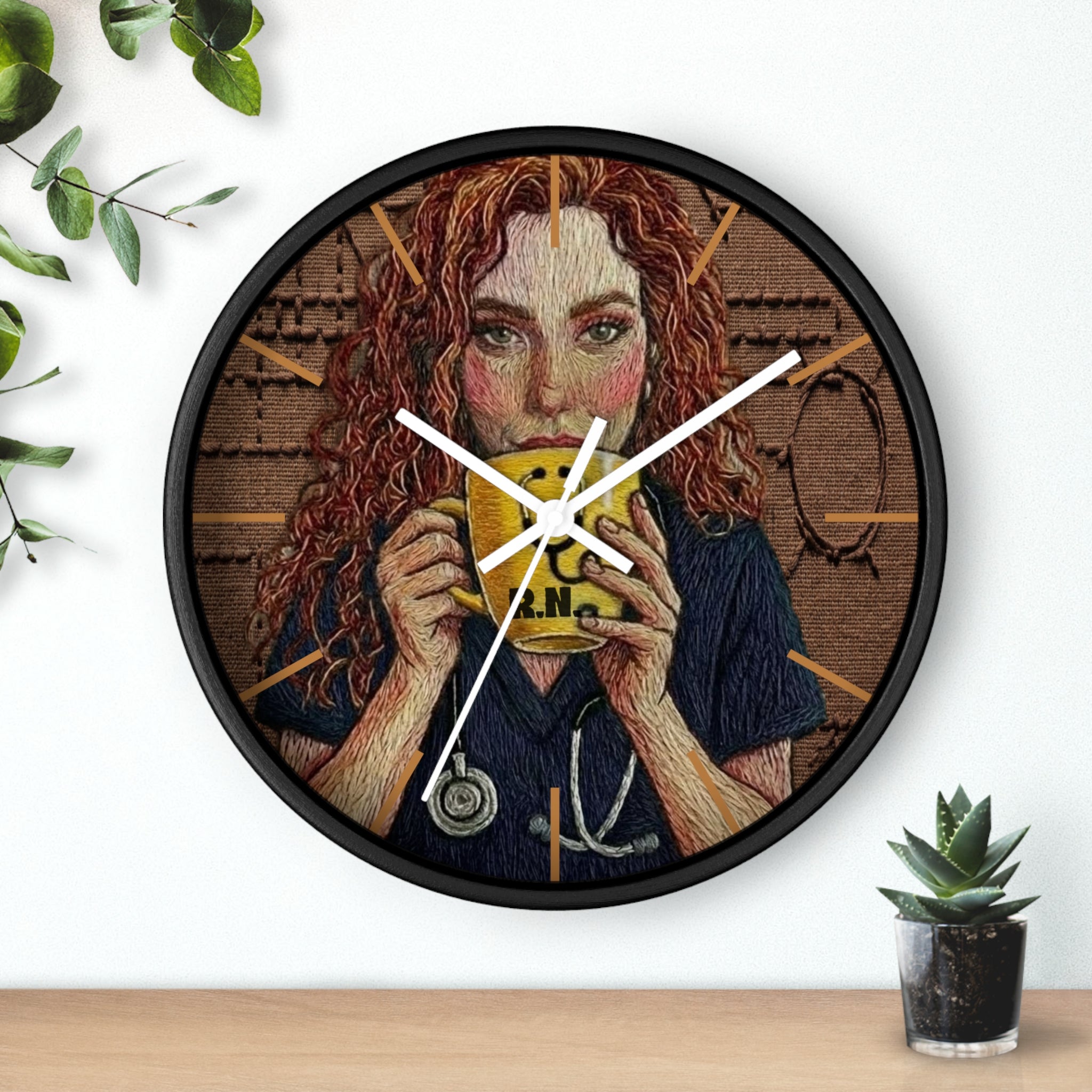 Cottagecore Coffee Lover Wall Clock — Hand-Drawn Woman with Smiley Mug (R.N.)