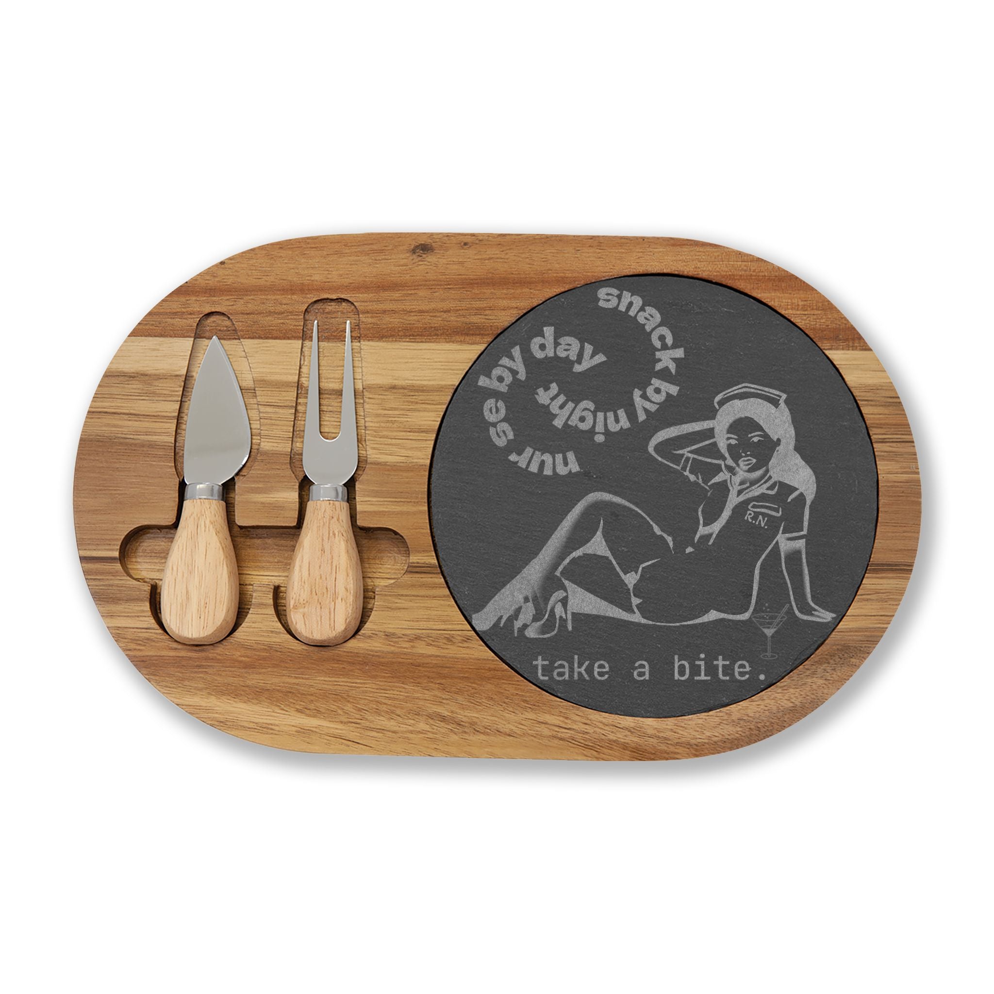 Engraved Charcuterie Board — "Pinup R.N.- Nurse by Day, Snack by Night"