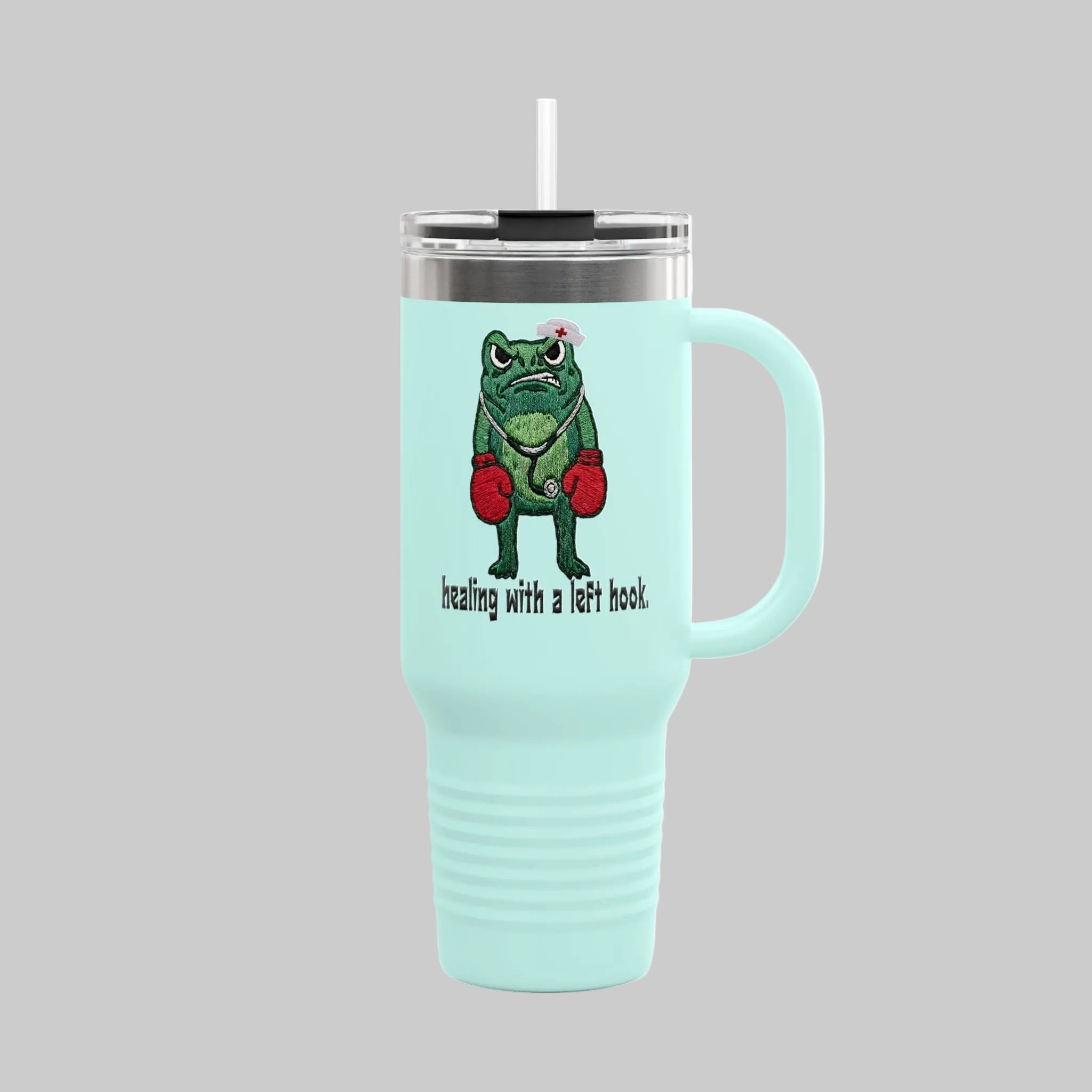 40oz Insulated Travel Mug — Boxing Nurse Frog "Healing with a Left Hook"