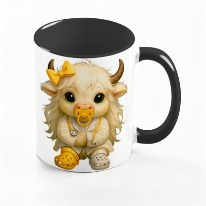 Highland Cow Mini‑Doc Ceramic Mug — Premium Gloss (15oz) (Made in USA)