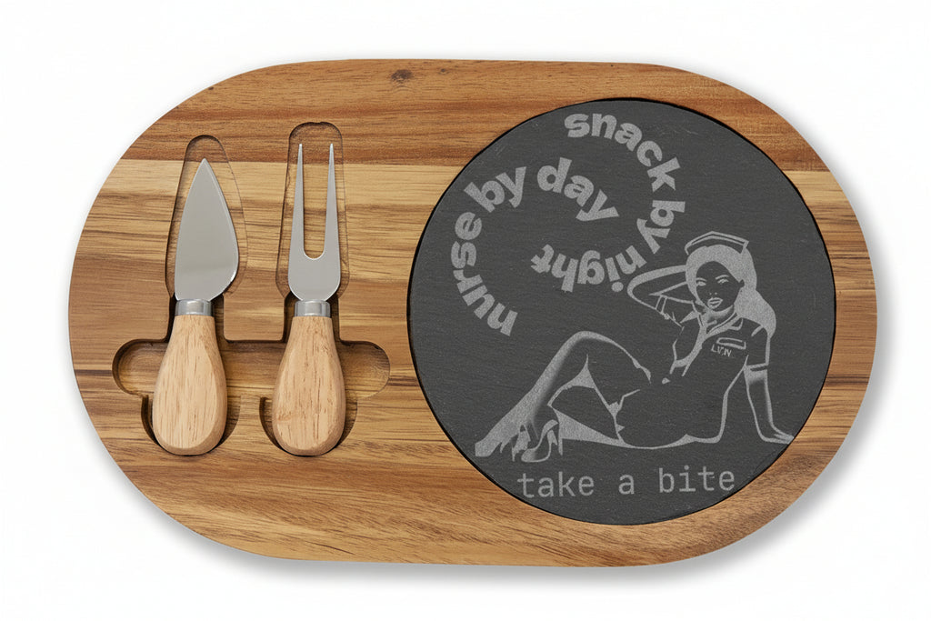 Engraved LVN Bamboo Charcuterie Board with Slate Inlay — 'Take a Bite' Pin-Up Design