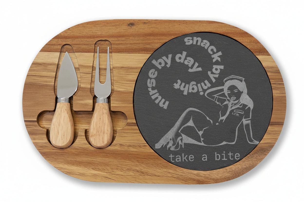 Engraved LVN Bamboo Charcuterie Board with Slate Inlay — 'Take a Bite' Pin-Up Design