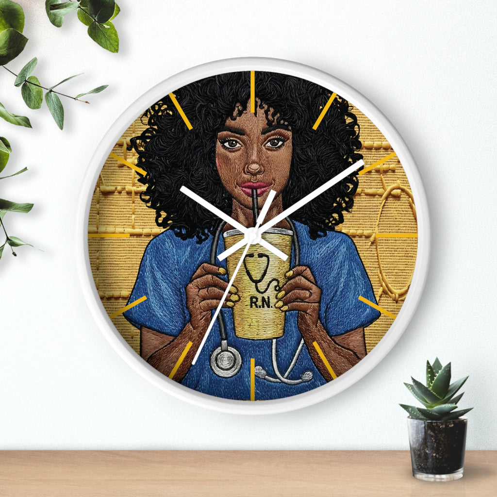 RN Coffee Nurse Wall Clock — Black Nurse Gift for Registered Nurses