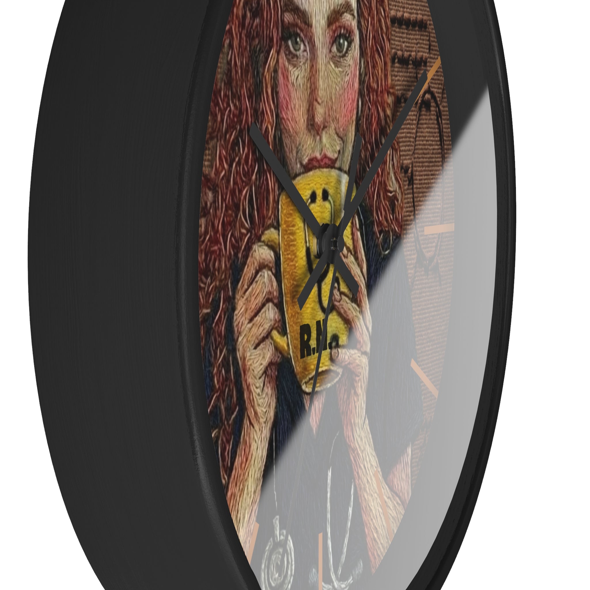 Cottagecore Coffee Lover Wall Clock — Hand-Drawn Woman with Smiley Mug (R.N.)