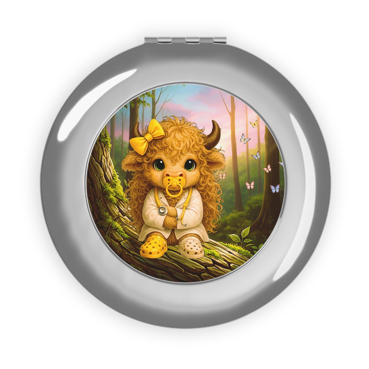 Compact Travel Mirror — Adorable Highland Calf Design, Portable Pocket Mirror for Kids & Adults