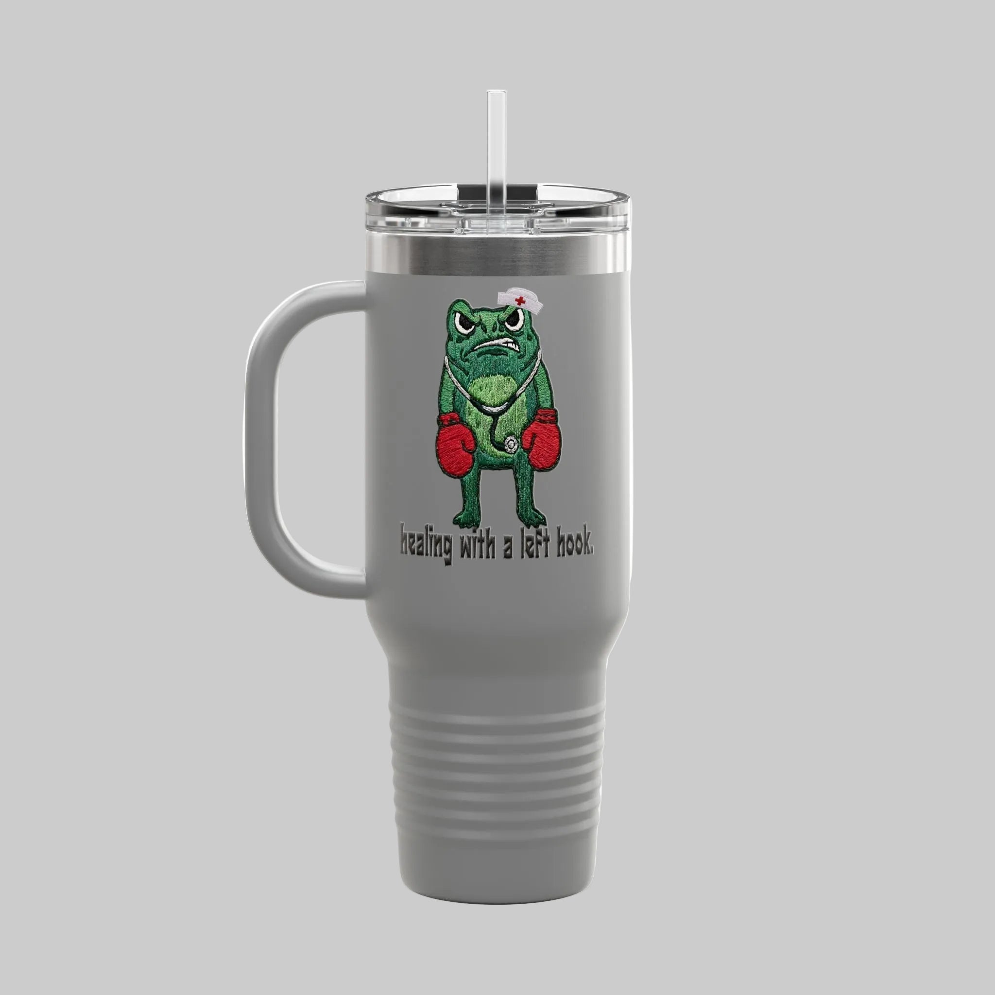 40oz Insulated Travel Mug — Boxing Nurse Frog "Healing with a Left Hook"