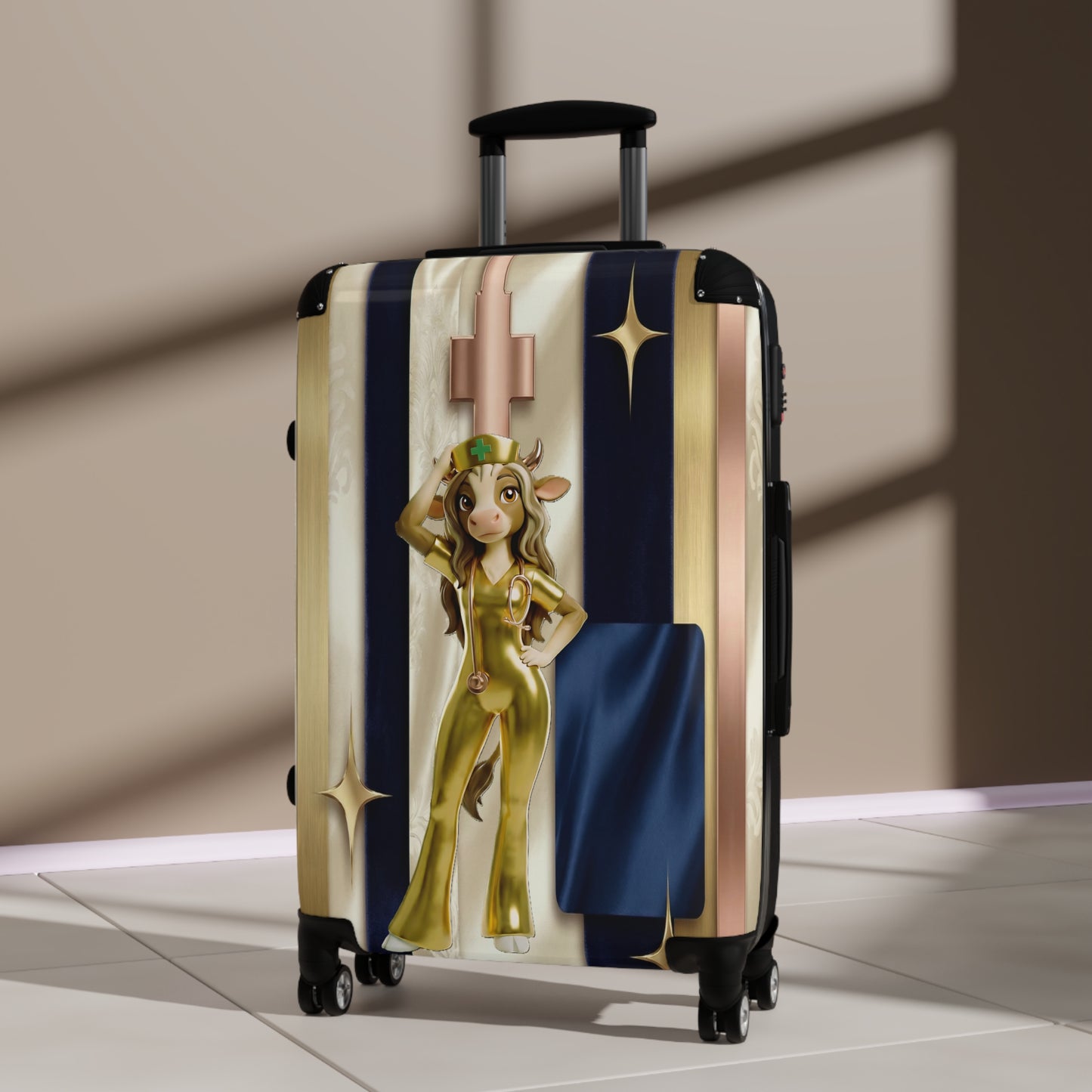 Retro Glam Cow Travel Suitcase — Cute Golden Cow Girl Luggage