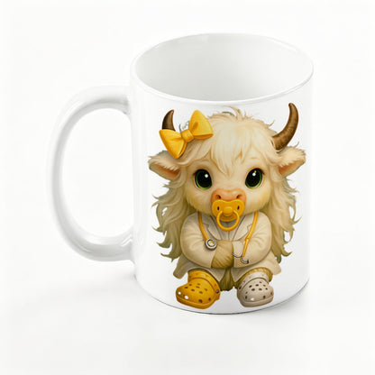 Highland Cow Mini‑Doc Ceramic Mug — Premium Gloss (15oz) (Made in USA)