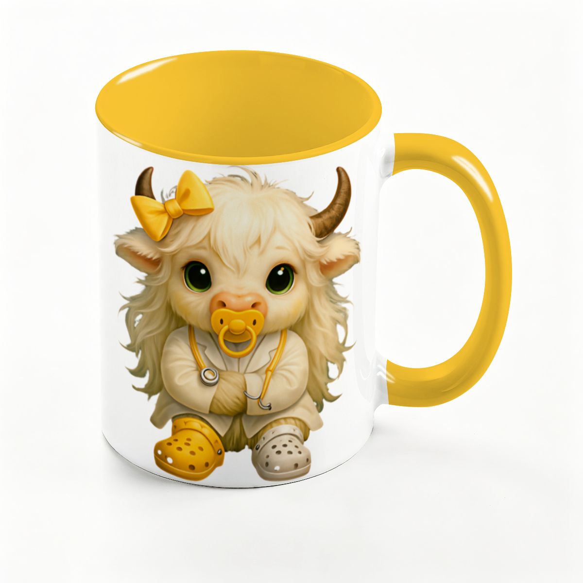 Highland Cow Mini‑Doc Ceramic Mug — Premium Gloss (15oz) (Made in USA)