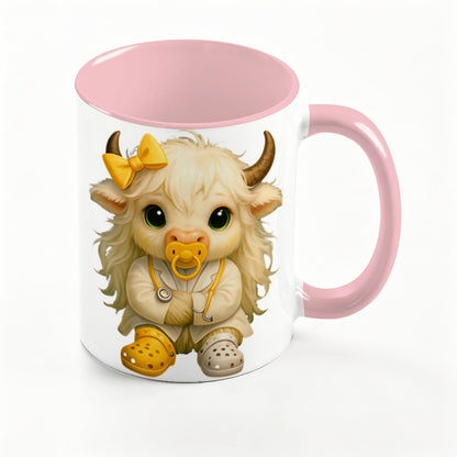 Highland Cow Mini‑Doc Ceramic Mug — Premium Gloss (15oz) (Made in USA)