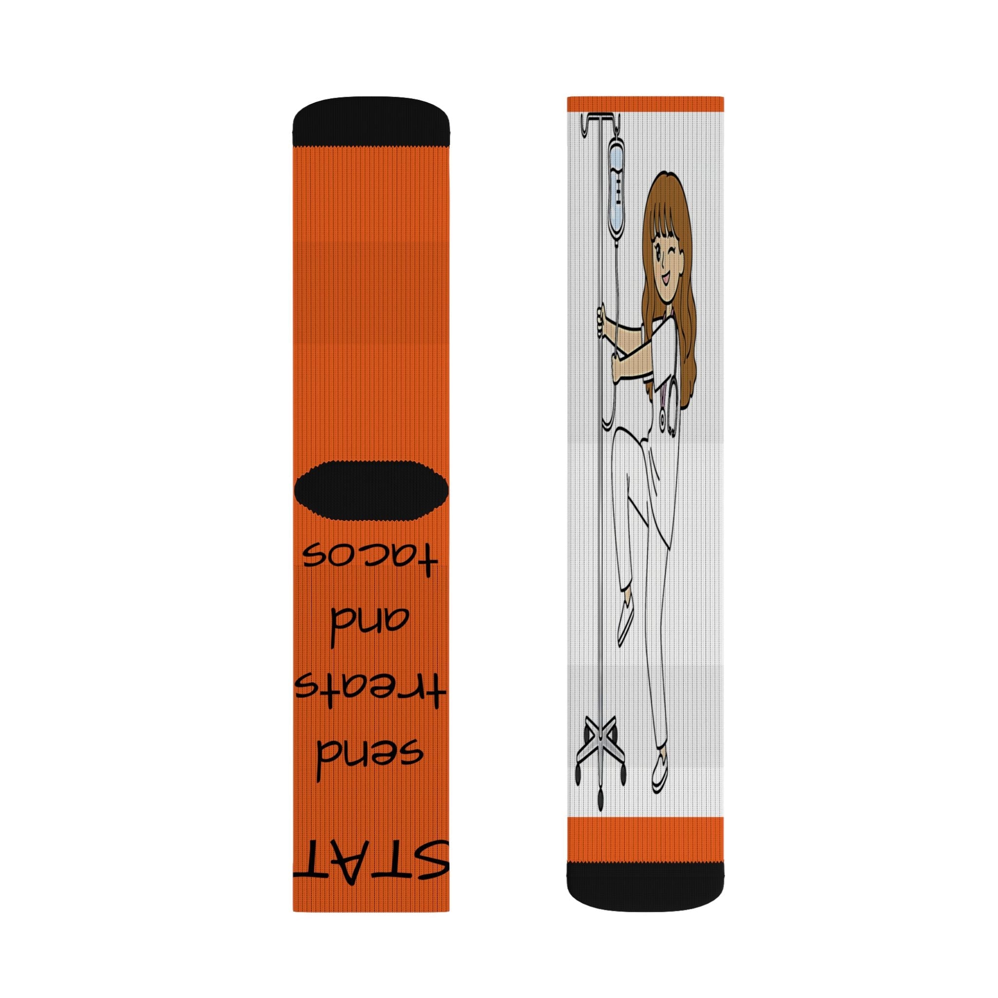 Funny Nurse Socks - Medical Tech Sublimation Socks with 'Bring In Donuts, Send Treats and Tacos' Design