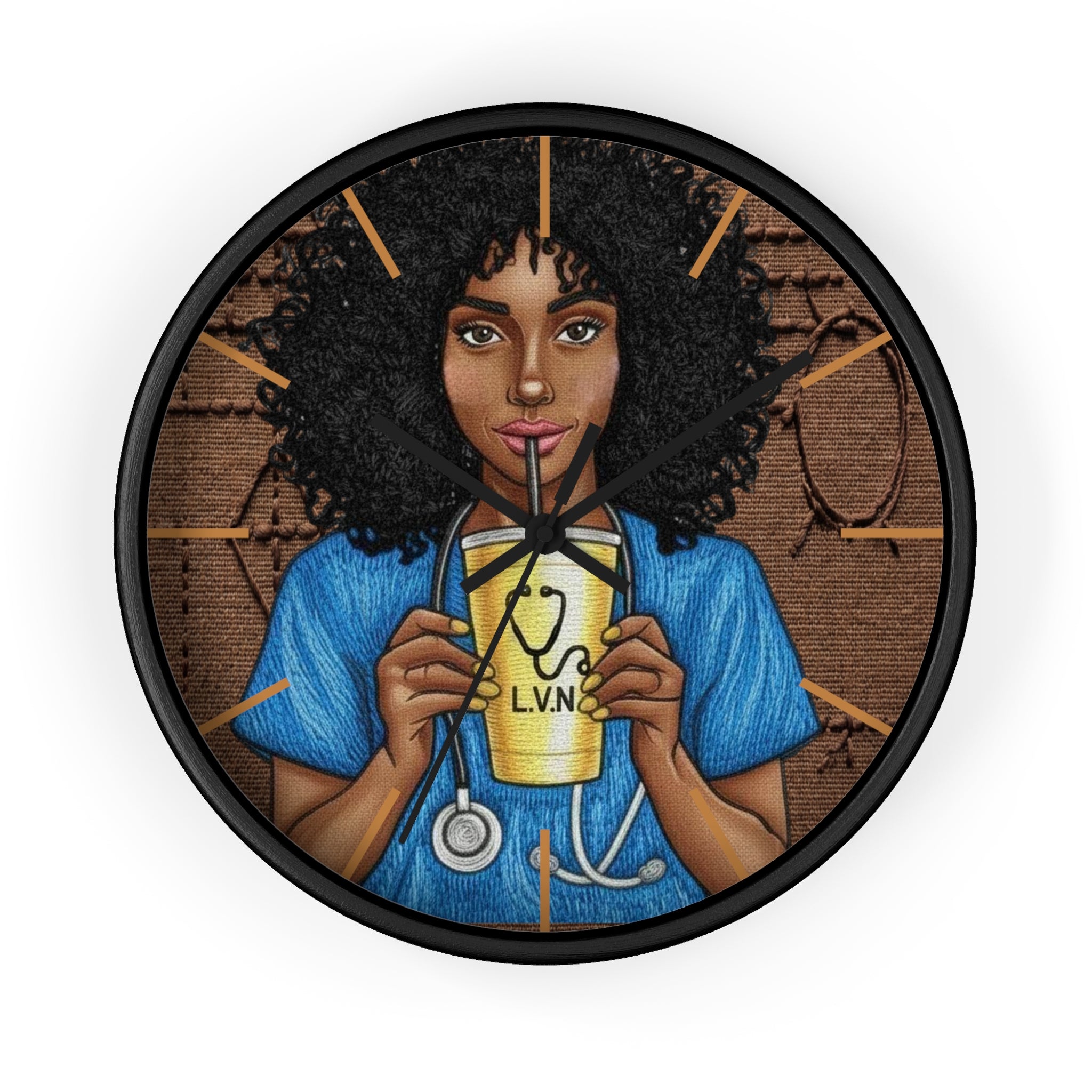 Nurse LVN Wall Clock — Black Female Nurse Drinking Coffee Illustration