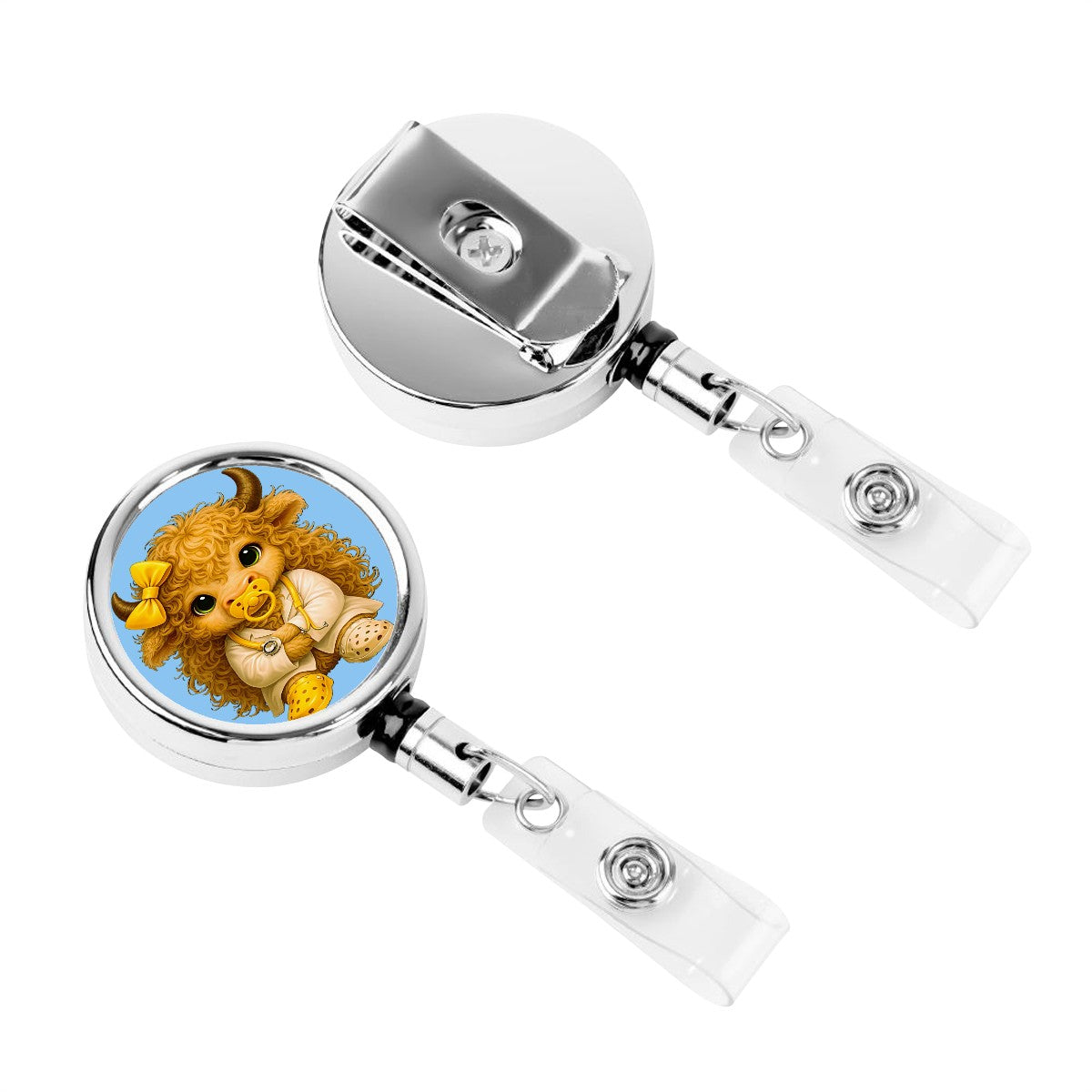 Baby Highland Cow Badge Reel – Yellow Bow Cutie Edition