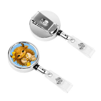 Baby Highland Cow Badge Reel – Yellow Bow Cutie Edition
