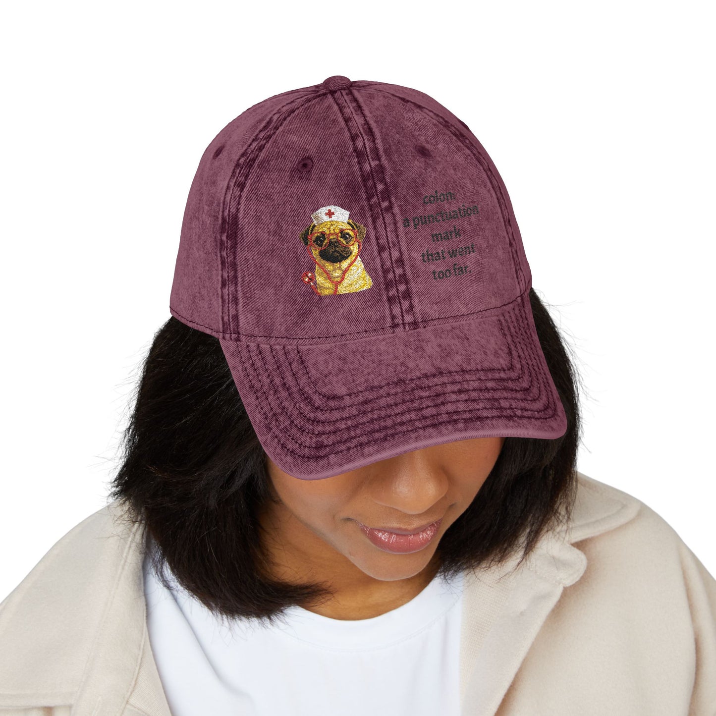 Embroidered Pug Nurse Vintage Cap — “colon: a punctuation mark that went too far.”