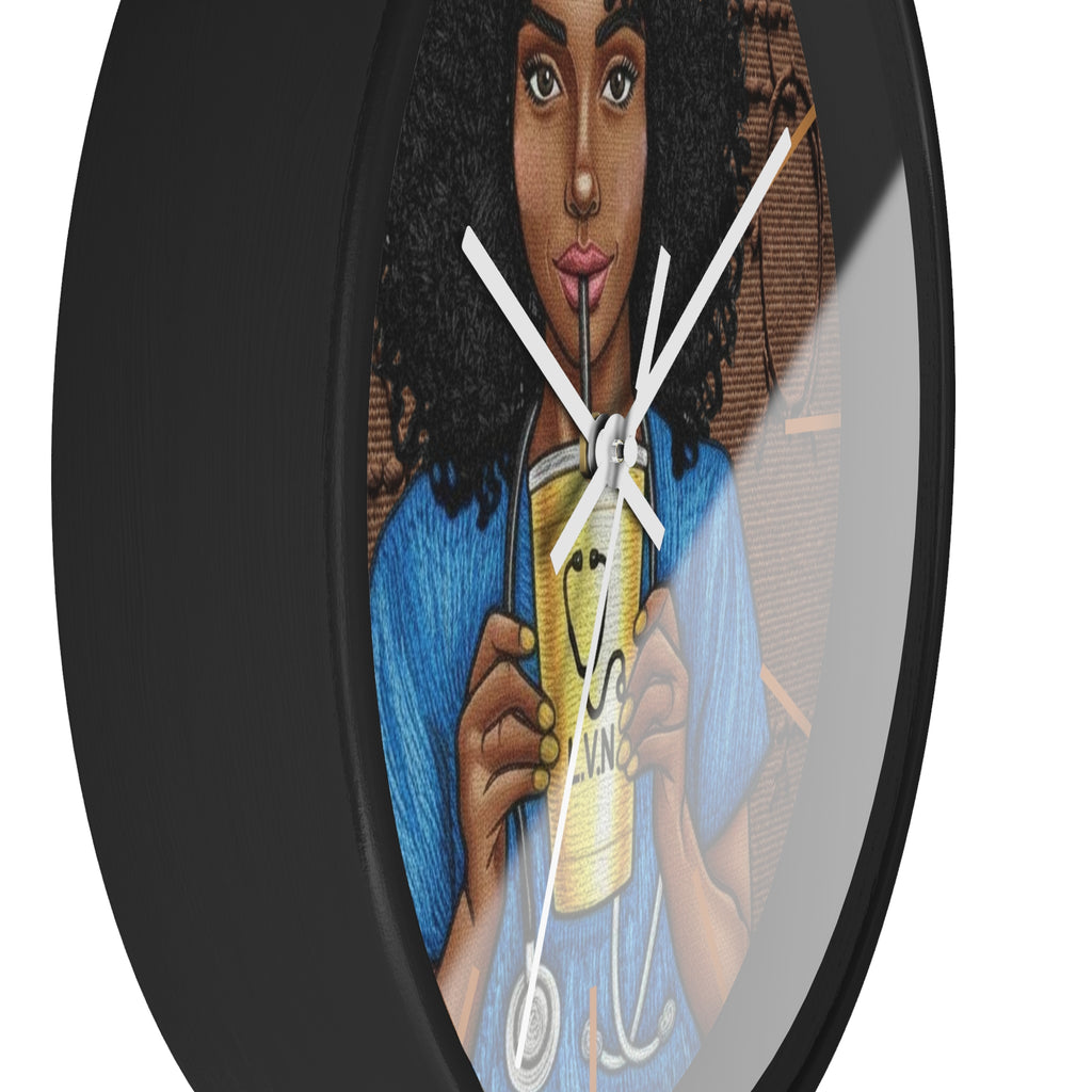Nurse LVN Wall Clock — Black Female Nurse Drinking Coffee Illustration