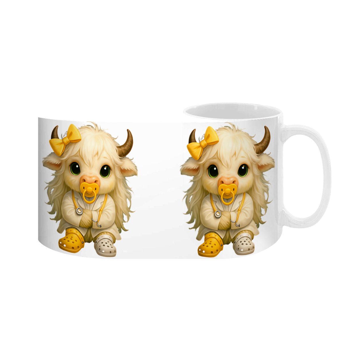 Highland Cow Mini‑Doc Ceramic Mug — Premium Gloss (15oz) (Made in USA)