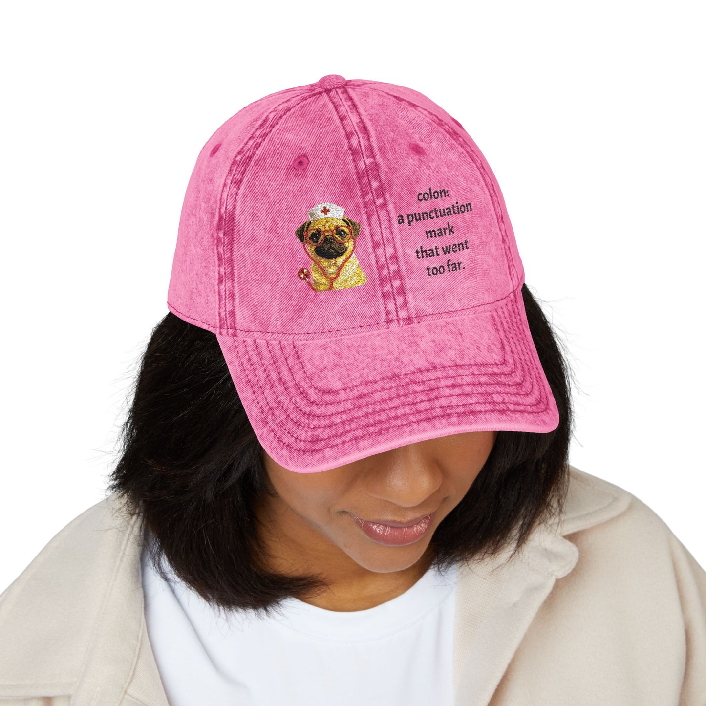 Embroidered Pug Nurse Vintage Cap — “colon: a punctuation mark that went too far.”