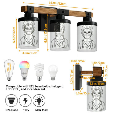 Healthcare Tribute Light Fixture, Nurse Wall Sconce, Medical Art Lighting, Premium Wooden Mount