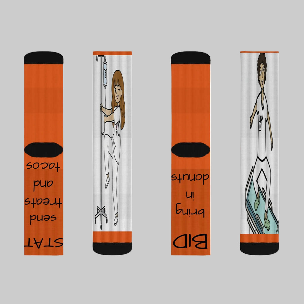 Funny Nurse Socks - Medical Tech Sublimation Socks with 'Bring In Donuts, Send Treats and Tacos' Design