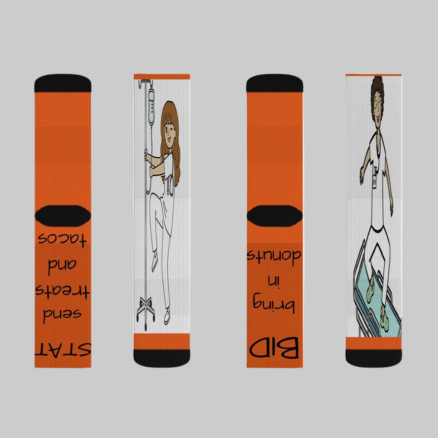 Funny Nurse Socks - Medical Tech Sublimation Socks with 'Bring In Donuts, Send Treats and Tacos' Design