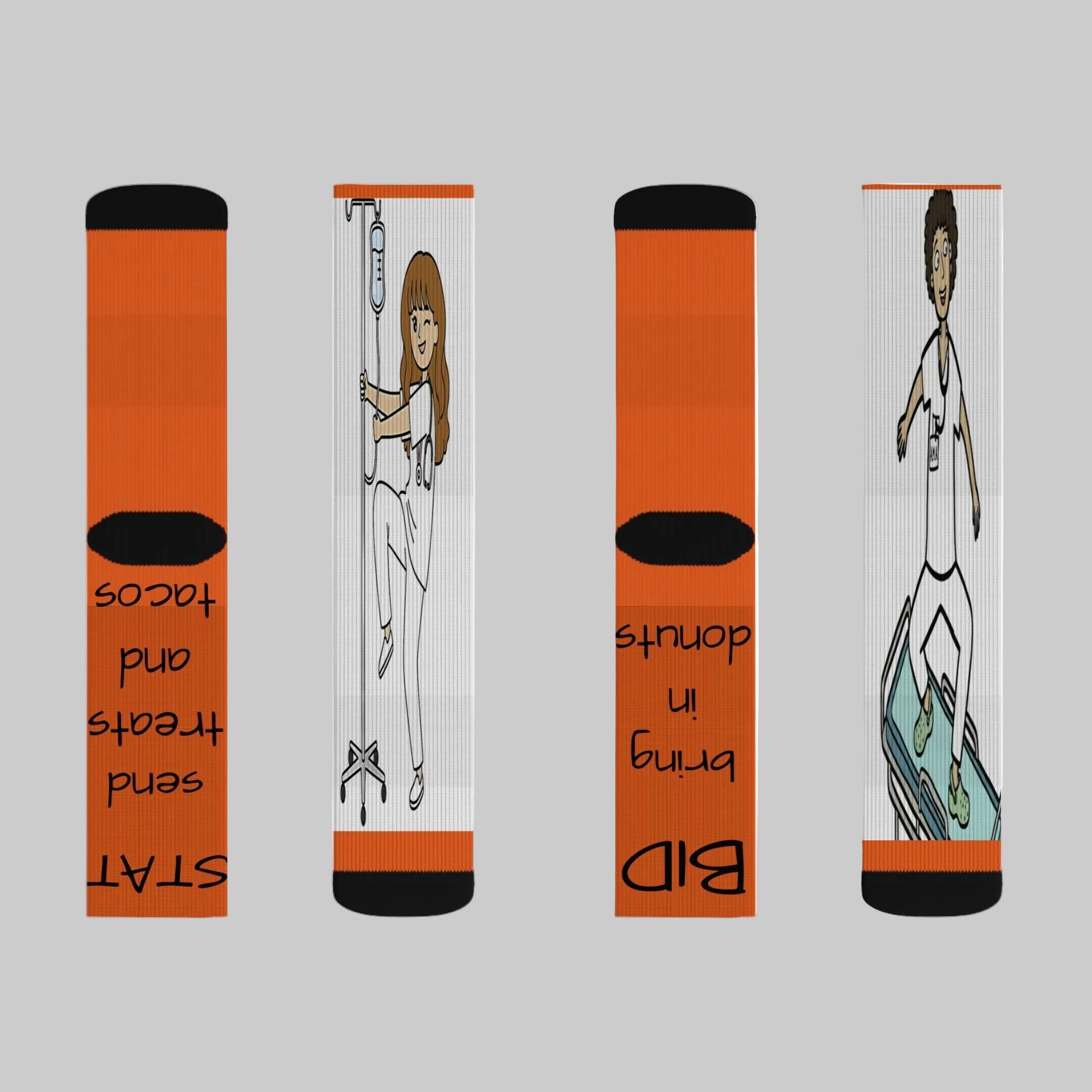 Funny Nurse Socks - Medical Tech Sublimation Socks with 'Bring In Donuts, Send Treats and Tacos' Design