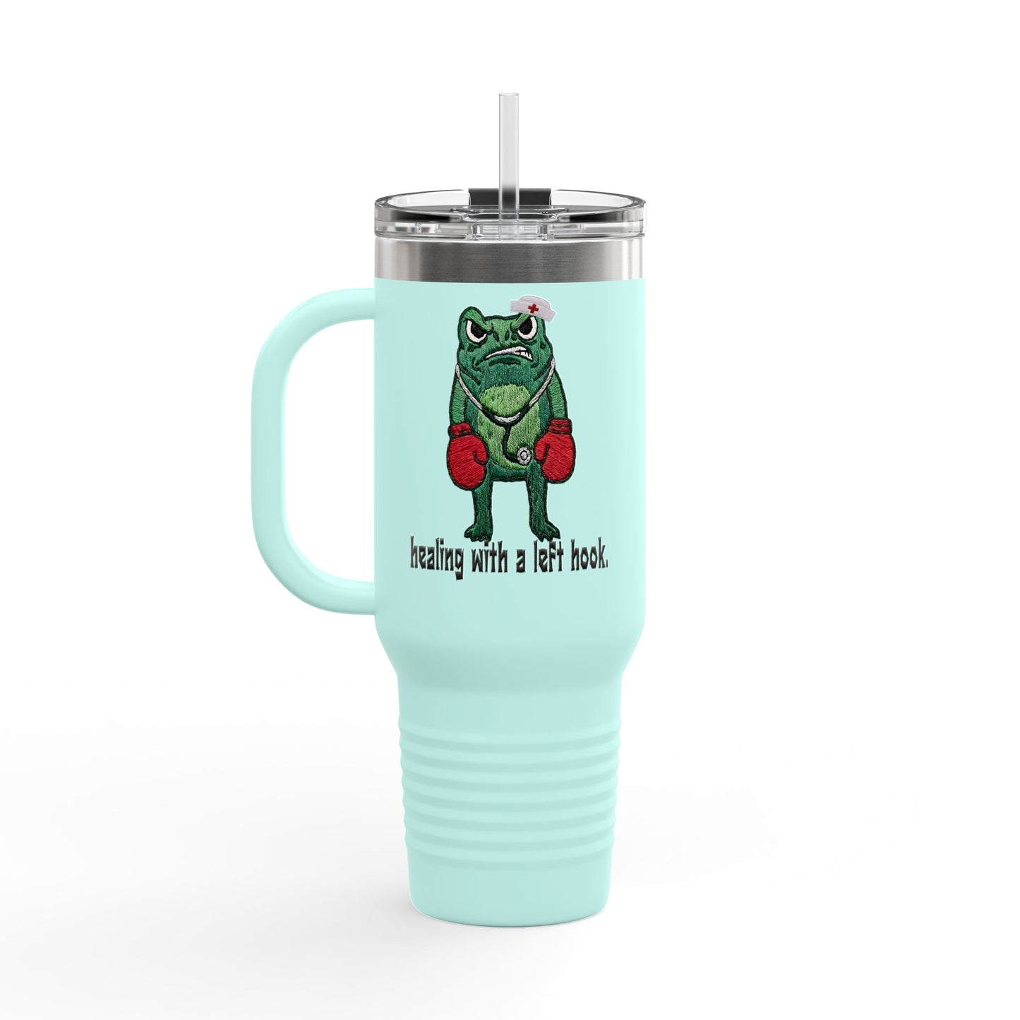 40oz Insulated Travel Mug — Boxing Nurse Frog "Healing with a Left Hook"
