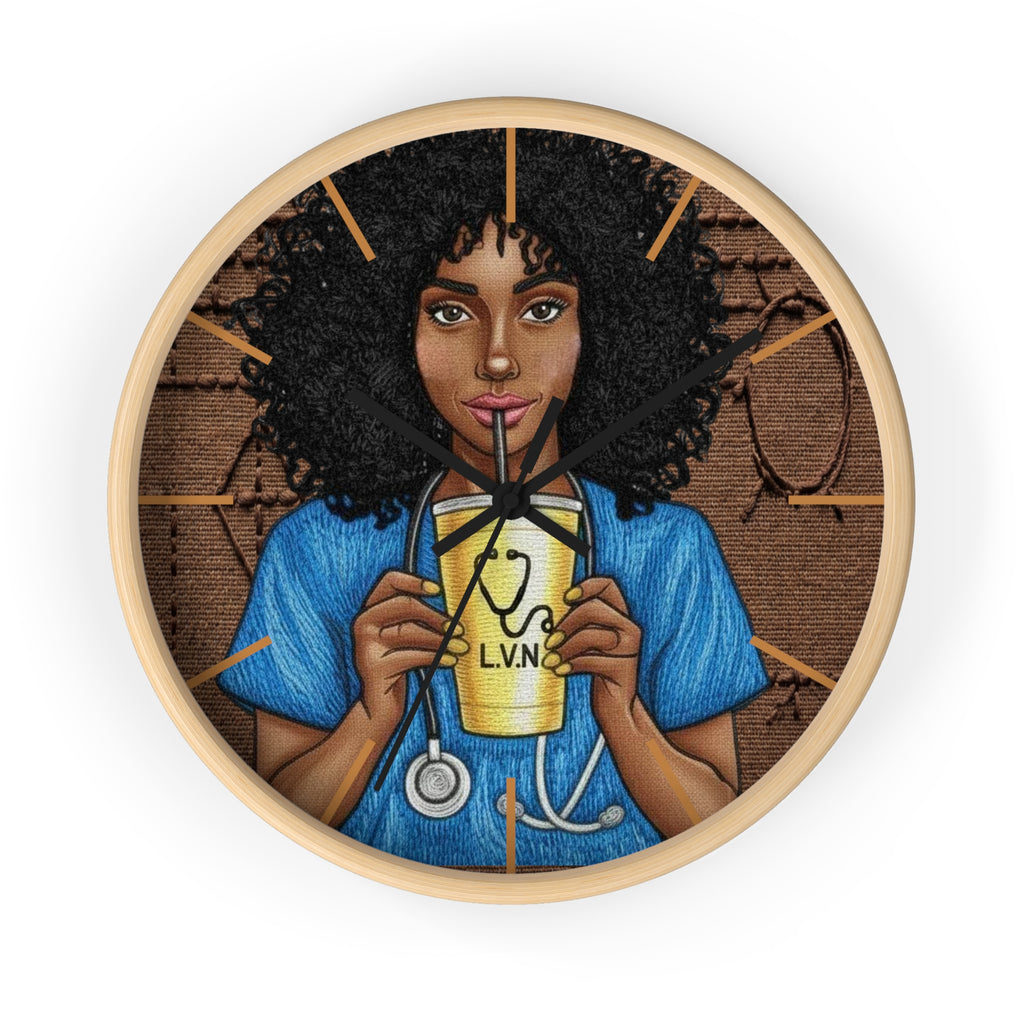 Nurse LVN Wall Clock — Black Female Nurse Drinking Coffee Illustration