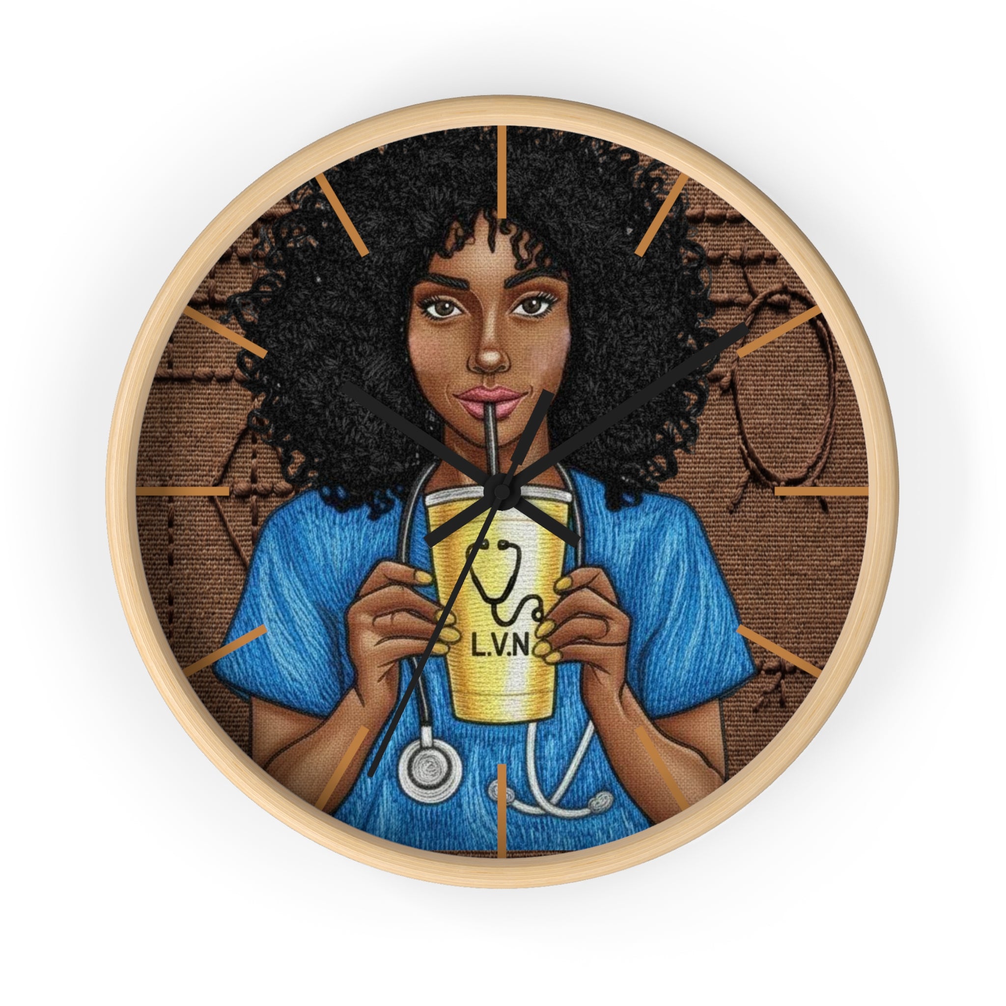 Nurse LVN Wall Clock — Black Female Nurse Drinking Coffee Illustration
