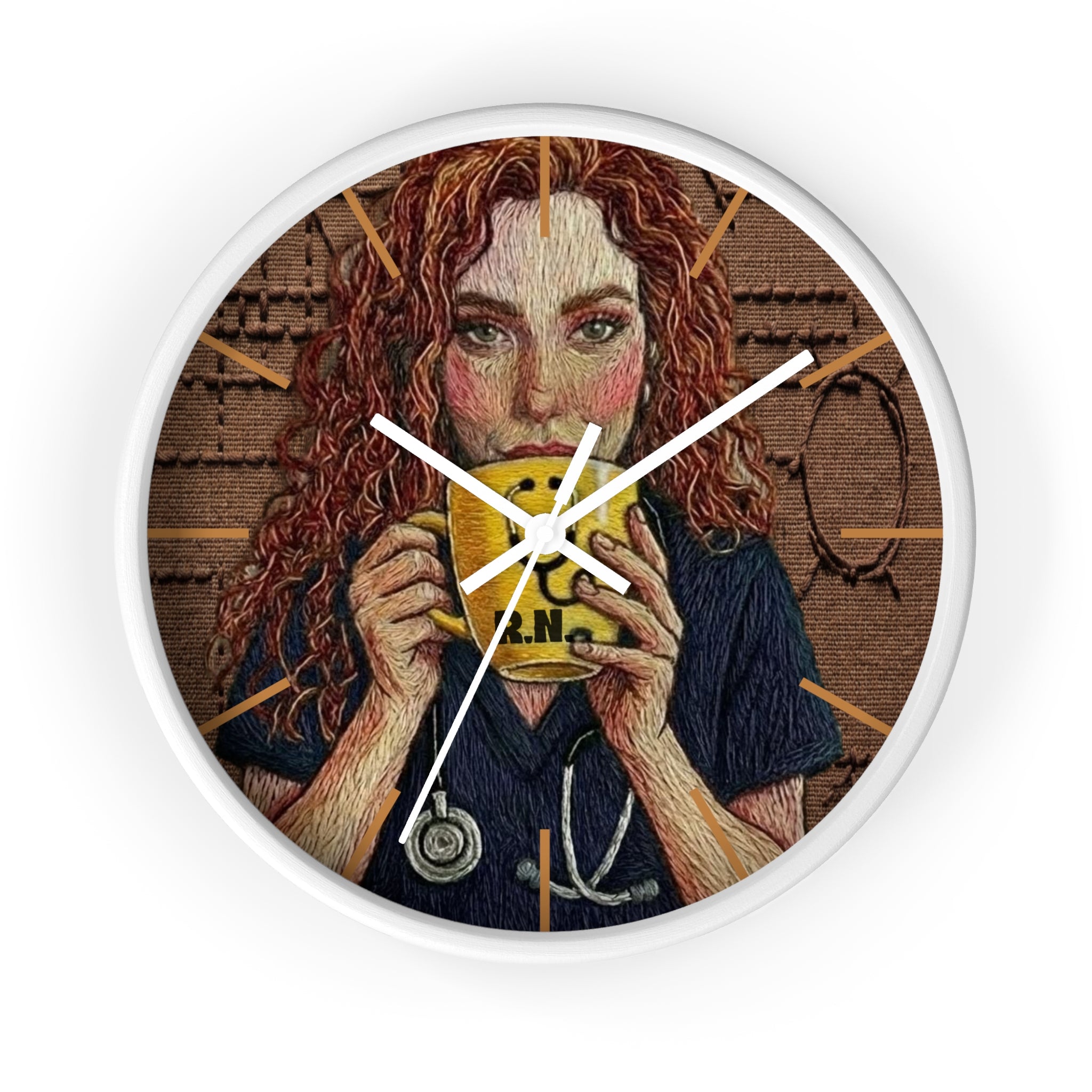 Cottagecore Coffee Lover Wall Clock — Hand-Drawn Woman with Smiley Mug (R.N.)