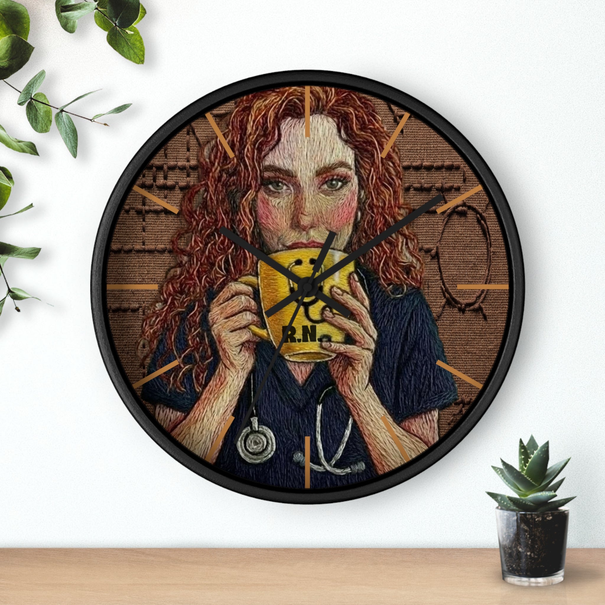 Cottagecore Coffee Lover Wall Clock — Hand-Drawn Woman with Smiley Mug (R.N.)
