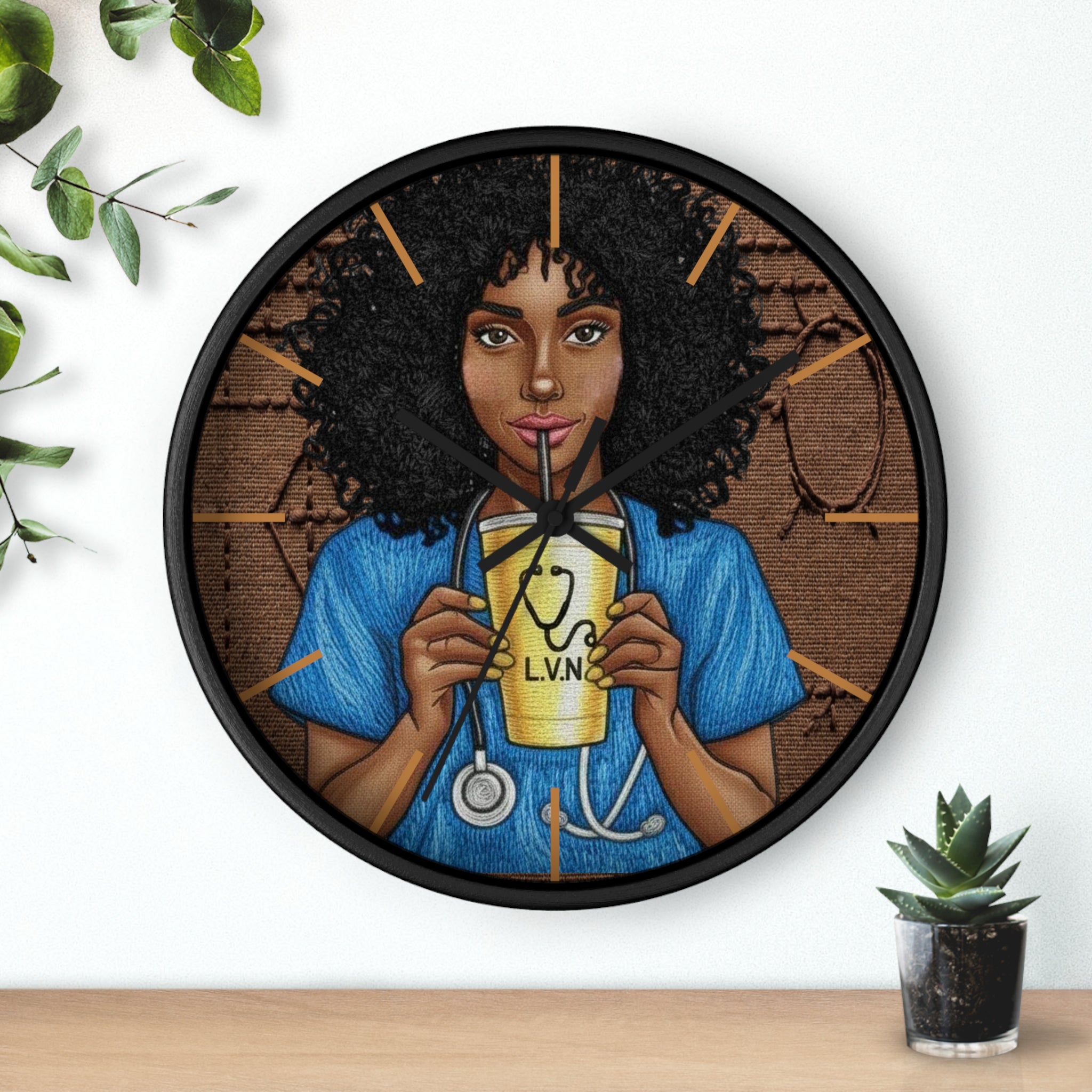 Nurse LVN Wall Clock — Black Female Nurse Drinking Coffee Illustration