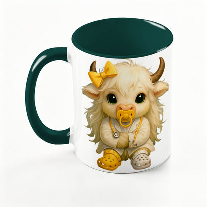Highland Cow Mini‑Doc Ceramic Mug — Premium Gloss (15oz) (Made in USA)
