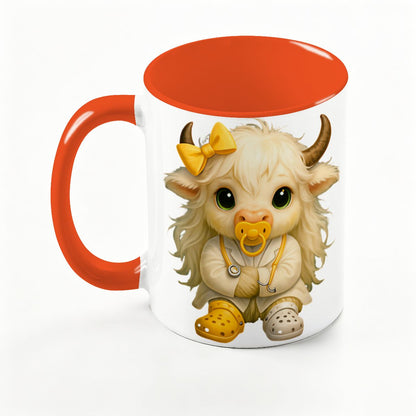 Highland Cow Mini‑Doc Ceramic Mug — Premium Gloss (15oz) (Made in USA)