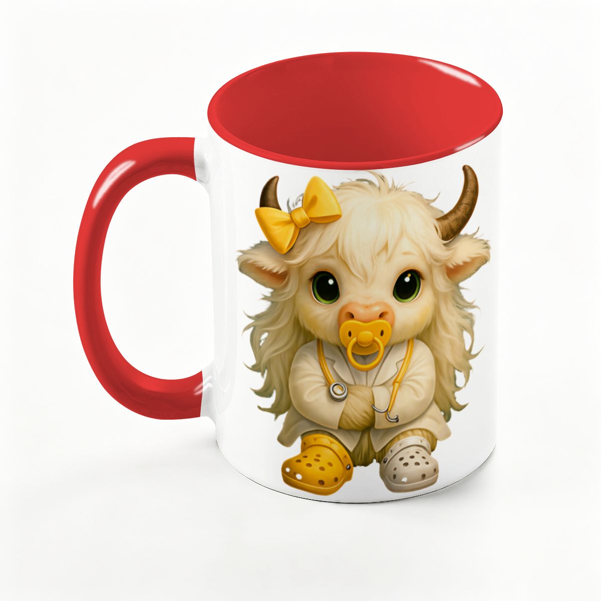 Highland Cow Mini‑Doc Ceramic Mug — Premium Gloss (15oz) (Made in USA)
