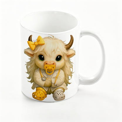 Highland Cow Mini‑Doc Ceramic Mug — Premium Gloss (15oz) (Made in USA)