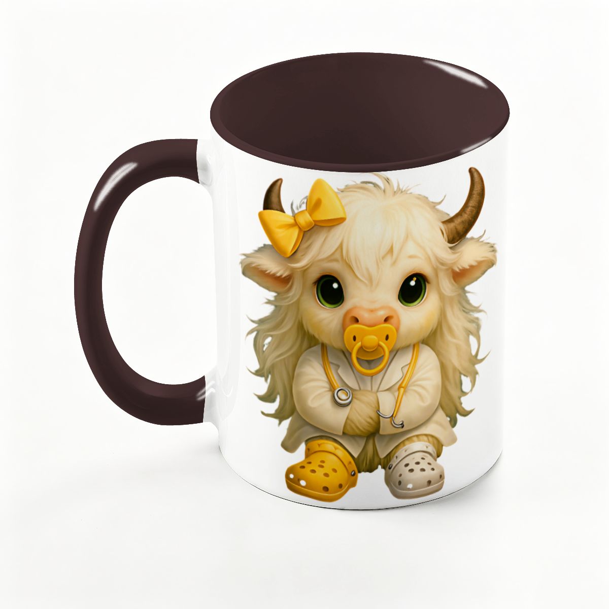 Highland Cow Mini‑Doc Ceramic Mug — Premium Gloss (15oz) (Made in USA)