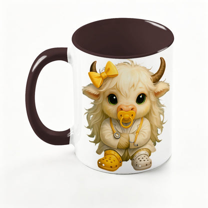 Highland Cow Mini‑Doc Ceramic Mug — Premium Gloss (15oz) (Made in USA)